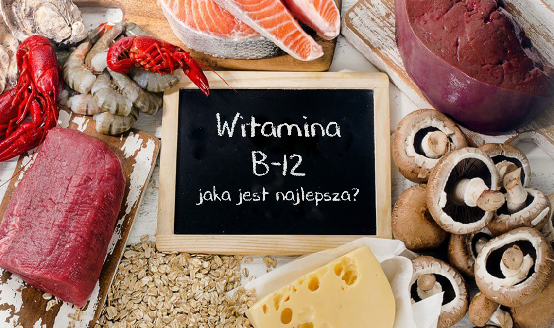 Produkty spożywcze z napisem na tablicy: Witamina B12